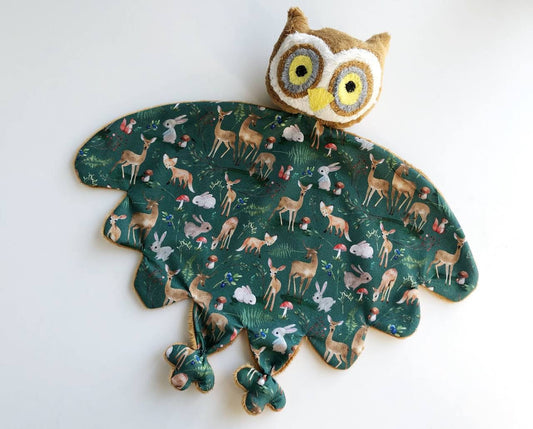 owl lovey blanket, baby lovey, stuff owl plush, woodland nursery decor, owl baby comforter, owl doudou, new baby gift