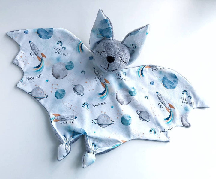 grey bat lovey blanket, cosmic lovey for baby boy, galaxy bat nursery, baby lovey animal