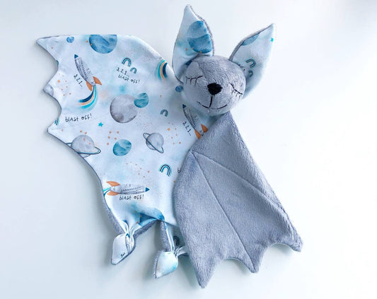 grey bat lovey blanket, cosmic lovey for baby boy, galaxy bat nursery, baby lovey animal