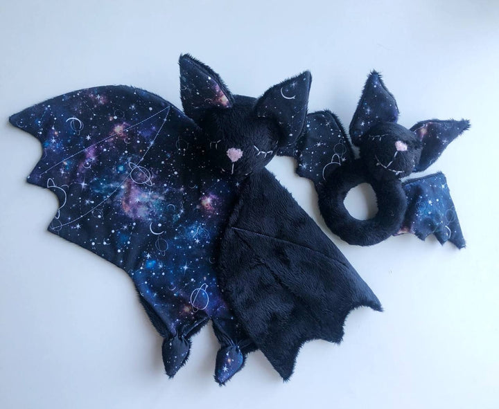 baby lovey, bat lovey blanket, stuff bat plush, baby bat gift, bat rattle, bat nursery, gothic baby shower gift