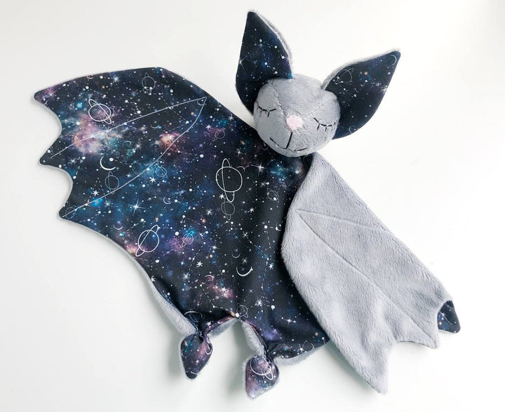 personalised bat lovey, cuddle security blanket, galaxy bat plush, custom unisex baby shower gift, Doudou for toddler, 1 Year Gift Toy